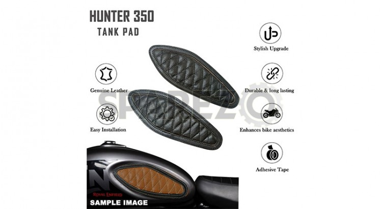 Royal Enfield Hunter 350 Genuine Leather Diamond Design Tank Pad Black D6 - SPAREZO